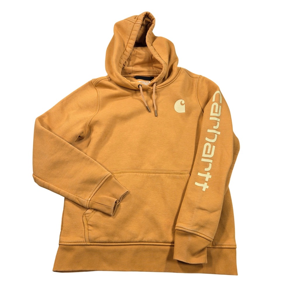 Carhartt Hoodie Womens Small Yellow Relaxed Fit Logo Sleeve TS0288-W